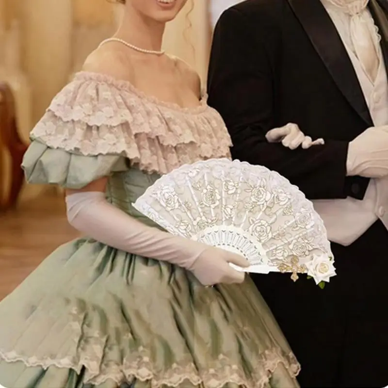 Hot Female Lace Hand Fan Lolita Gothic Fan Victorian Vintage Black White Red Rose Bamboo Fans Cosplay Halloween Party Photo Prop