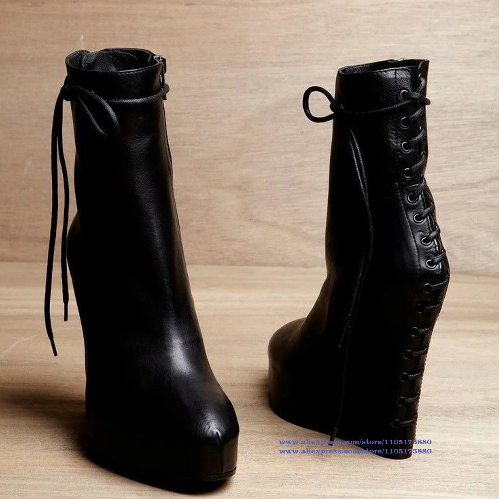 

Black Leather Lace-Up Platform Boots Sexy Wedges High Heels Pumps Luxury Designer Dress Party Shoes Sandalias De Mujer Verano