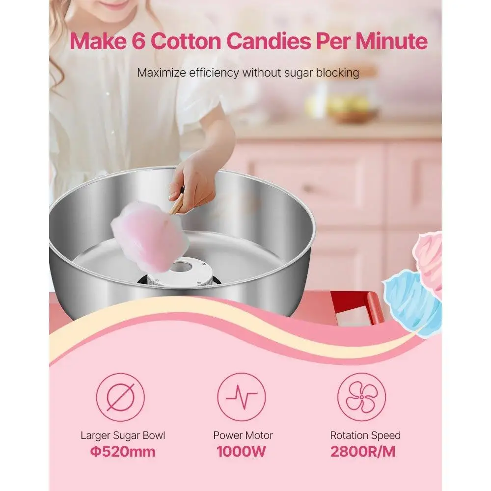 Commercial Cotton Candy Maker Machine with Cart for Parties 1000W Red Floss Machine Fun Treats for Events