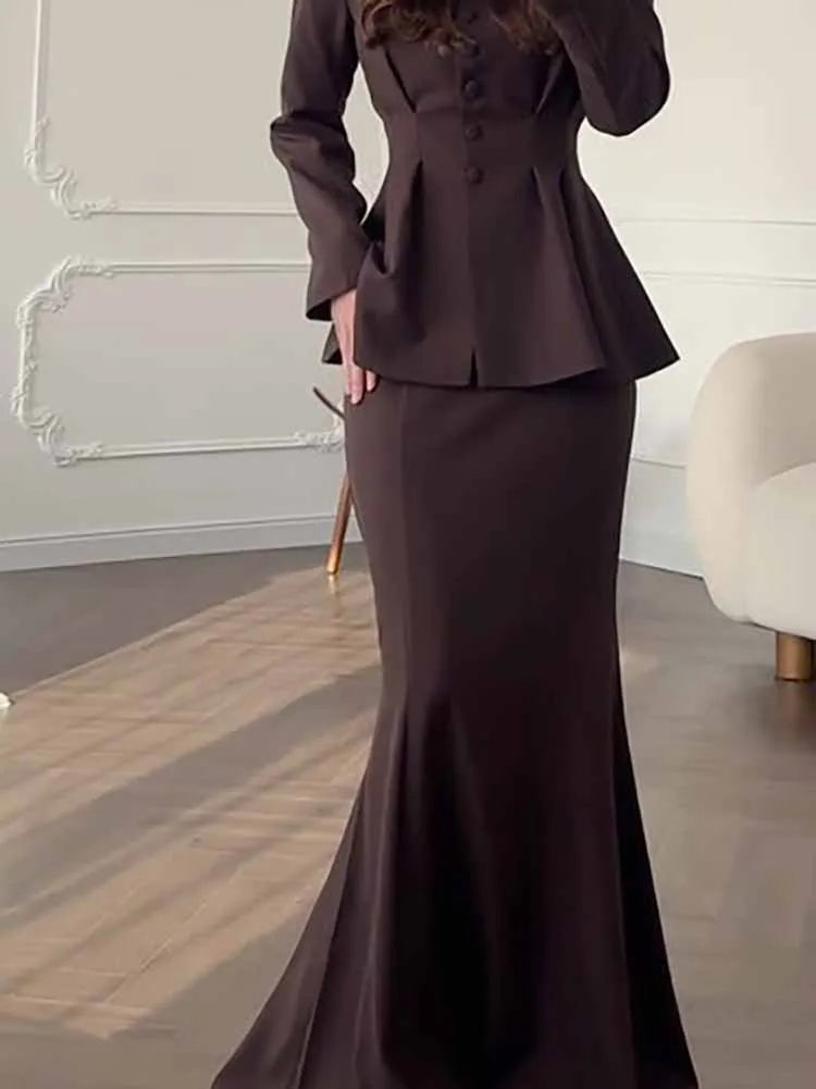 Elegant V-neck Long Sleeve Tops with Skirt Sets Women Fashion Temperament Slim Suits 2025 Casual Draped Solid Color 2Pc Outfits
