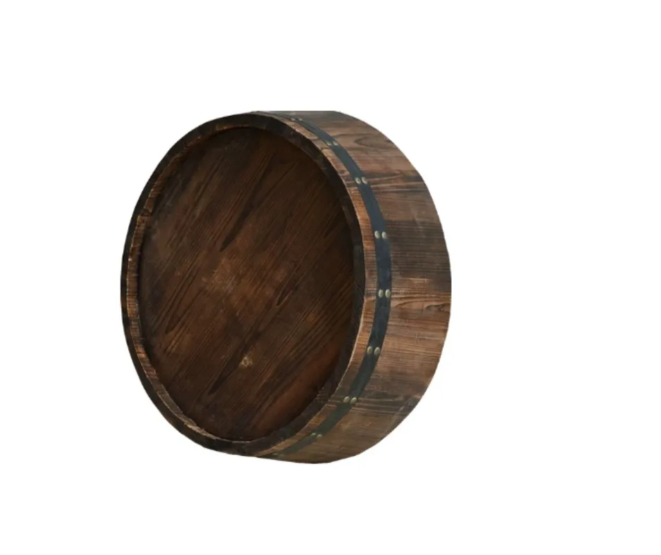 Polished Half Barrel Wooden Wine and Beer Oak Barrel Wall Mounted with Lid Cut Bottom Engraved Winery Decorative Barrel
