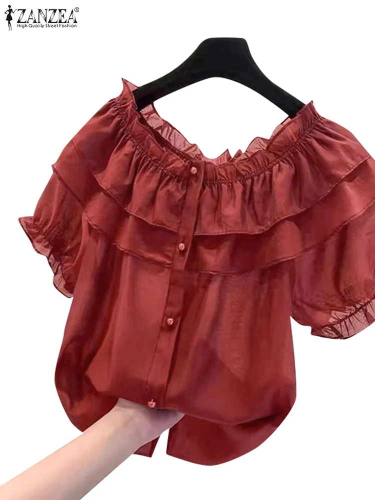 ZANZEA-Top de manga corta para mujer, Blusa de gasa lisa con volantes y costuras, cuello elástico, Estilo Vintage, ideal para vacaciones y verano