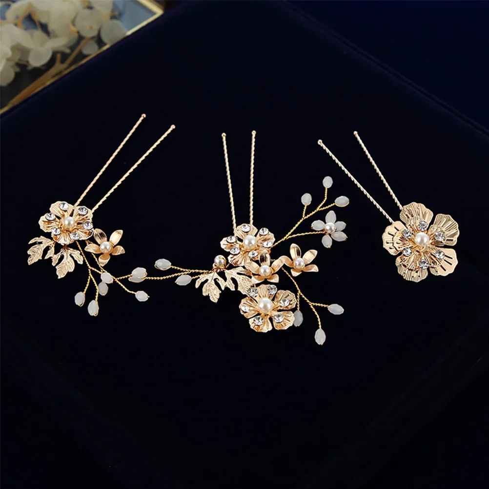 

3pcs U-Shaped Forks Flower Design Rhinestones Pearls Wedding Bridal Headdress Hair Accessories Women Hair Ornament Party