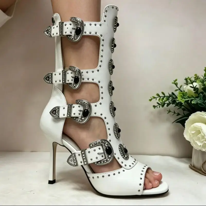 

Women's 2026 Peep Toe Rhinestone Buckle Cutout Gothic Floral Mid-Calf Boots Punk Motorcycle Party Shoes with Rivets