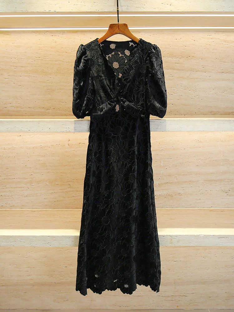 

Женское премиальное модное повседневное платье Sandro Sivos с высокой талией, длинное, с вырезами, черное, с V-образным вырезом, коротким рукавом, А-силуэта