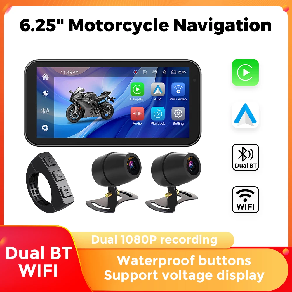 6.25 Inch Portable Motorcycle Navigation LCD Display IPX67 Waterproof For Wireless CarPlay Android Auto GPS Navigation BT