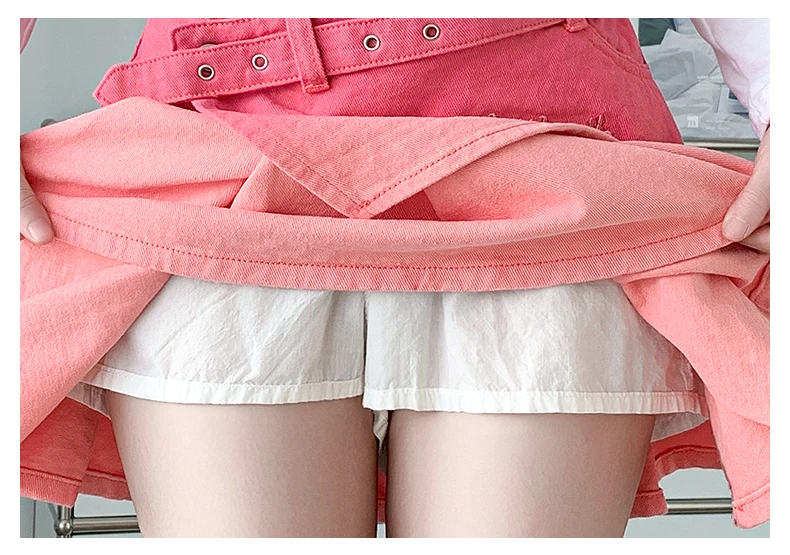 2024 Women's Spring/Summer Barbie Pink Gradient Denim Short Skirt Fashion American Spicy Girl Y2K Subcultural Pleated Cute Skirt