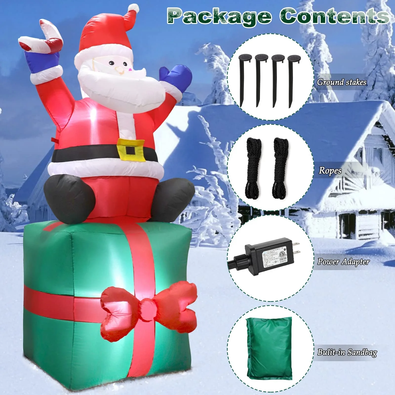 ของตกแต่งวันหยุด 6 ฟุต ของตกแต่งปาร์ตี้คริสต์มาส ของตกแต่งบ้าน ระเบียง สวน สนามหญ้า ของตกแต่งกลางแจ้ง ซานตาคลอสเป่าลมพร้อมกล่องของขวัญ