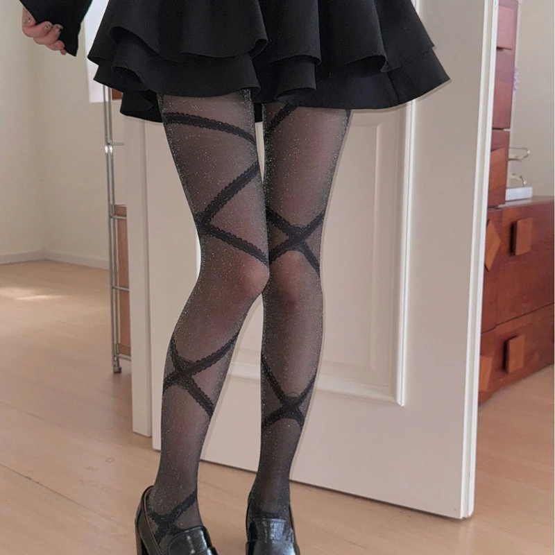 Cross-Strap Pattern Sexy Tights Women Pantyhose Retro Black Breathable Mesh Sockings Shiny Women Soft Bottoming Tights Summer