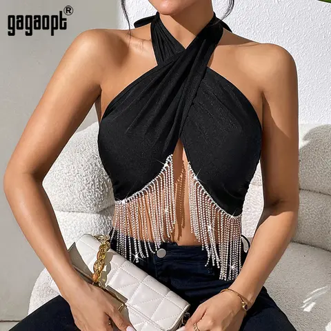 Gagaopt Black Sexy Tank Top for Women Rhinestone Tassel Ribbed Knit Streetwear Aesthetic Clothing Female Crop Top