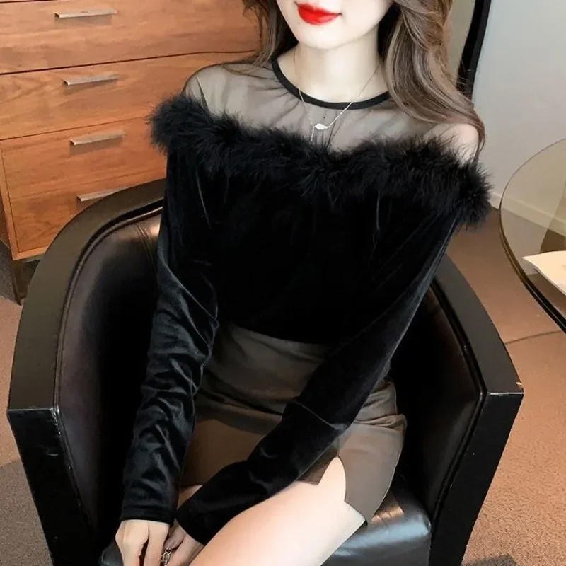 Top Female Splicing Fur Collar Coquette Clothes Black Sexy Off Shoulder Women\'s Long Sleeve T-shirt Korean Fashion Clothing Sale