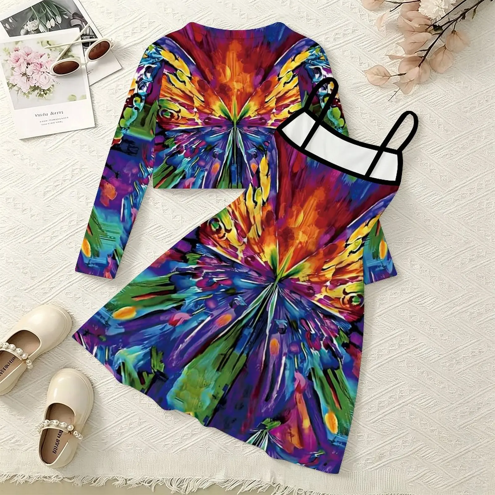 Retro Print Girls Two Piece Outfit, Long Sleeve Cardigan + Spaghetti Strap Dress, Sweet Adorable Kids Set,  for Beach Vacation