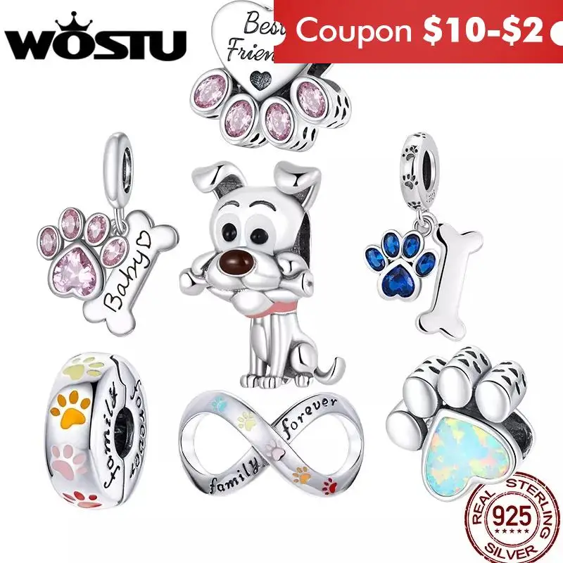 

WOSTU 925 Sterling Silver Multi Zircon Dog Paw Bone Beads Infinity Charms Pendant Fit Original Bracelet Necklace For Women Gift