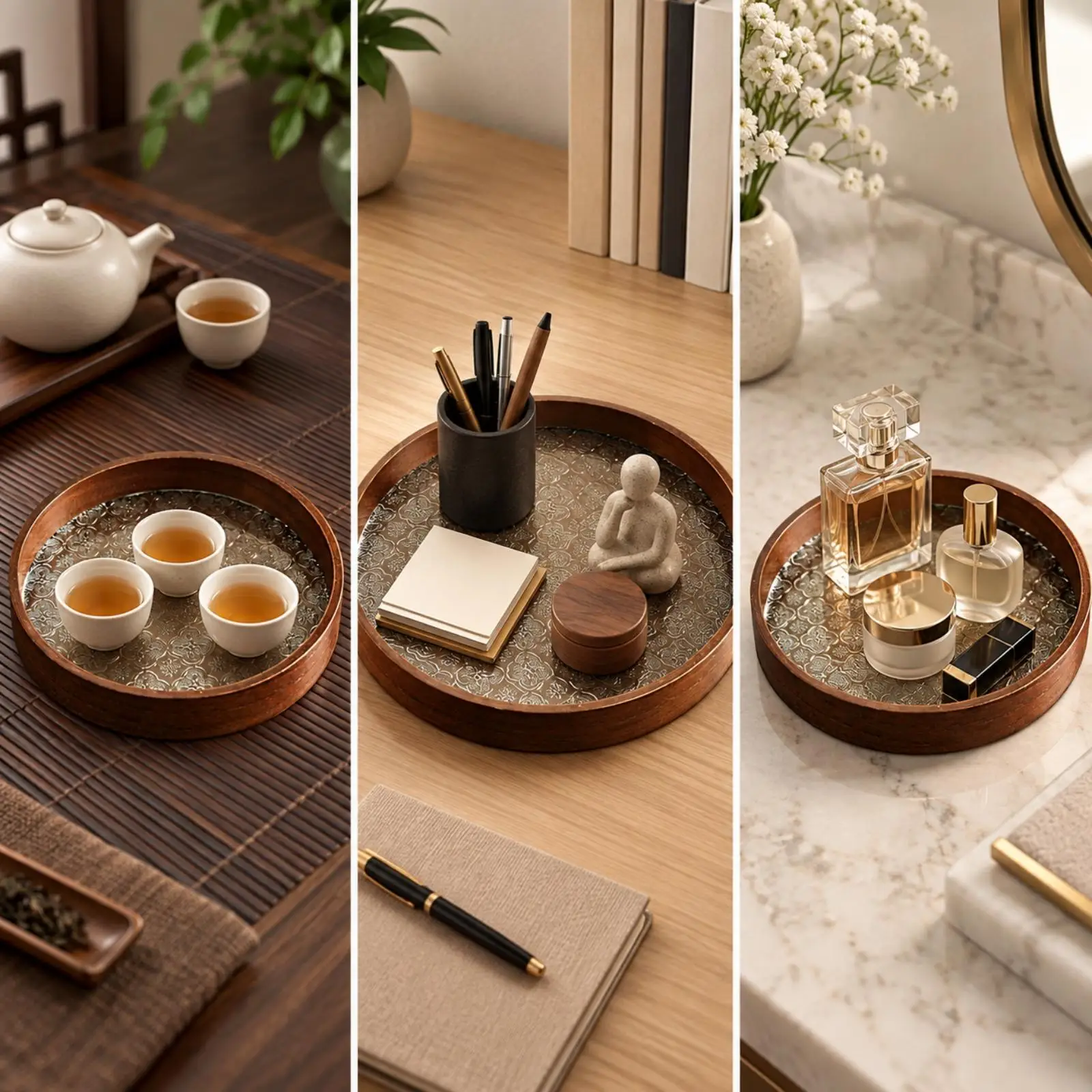 Dark Walnut Finish Serving Tray for Afternoon Tea and Home Gathering Use