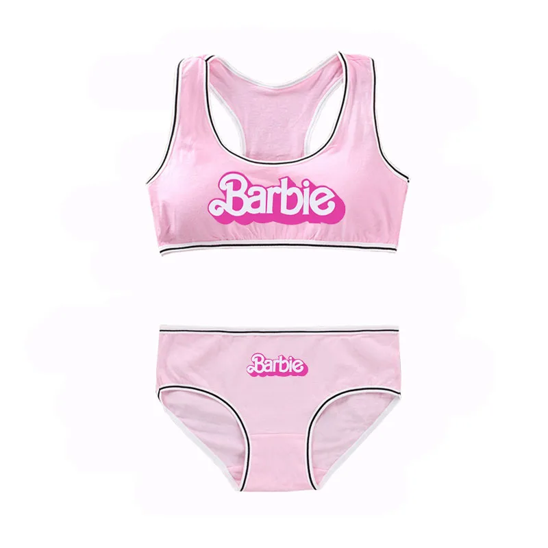 Japanese Girl's Developmental Bra Panties Set Cartoon Barbie Print Junior High School Wire-Free Cotton Student Underwear