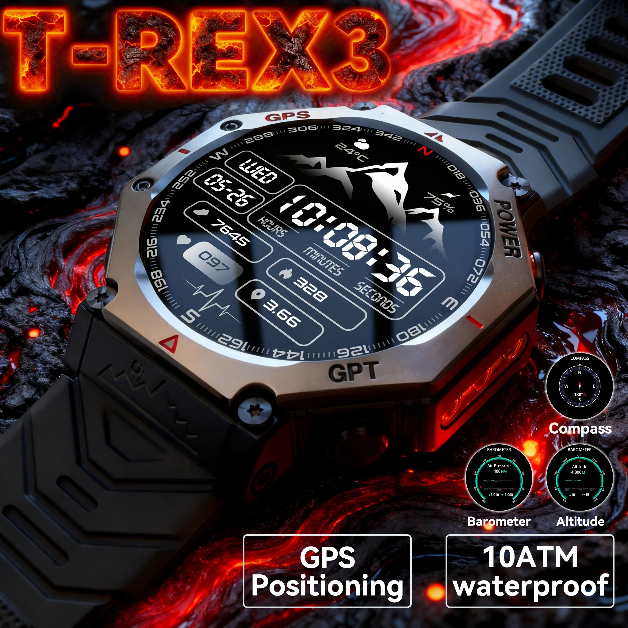 2025New الرجال العسكرية T-Rex نظام تحديد المواقع الأقمار الصناعية ساعة ذكية البوصلة مقياس الارتفاع بارومتر 10ATM السباحة مقاوم للماء بلوتوث دعوة Smartwatch