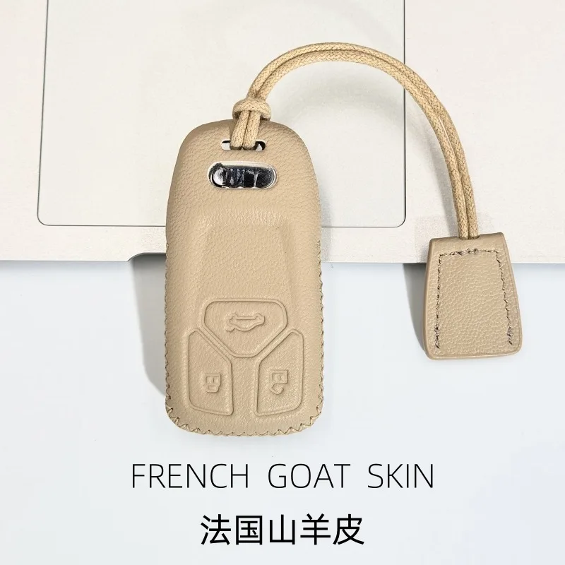 

Goat Skin Leather Car Key Case Shell for Audi A4l Q5l 2024 Buttons Remote Control Protect Cover Buckle Durable Accessories