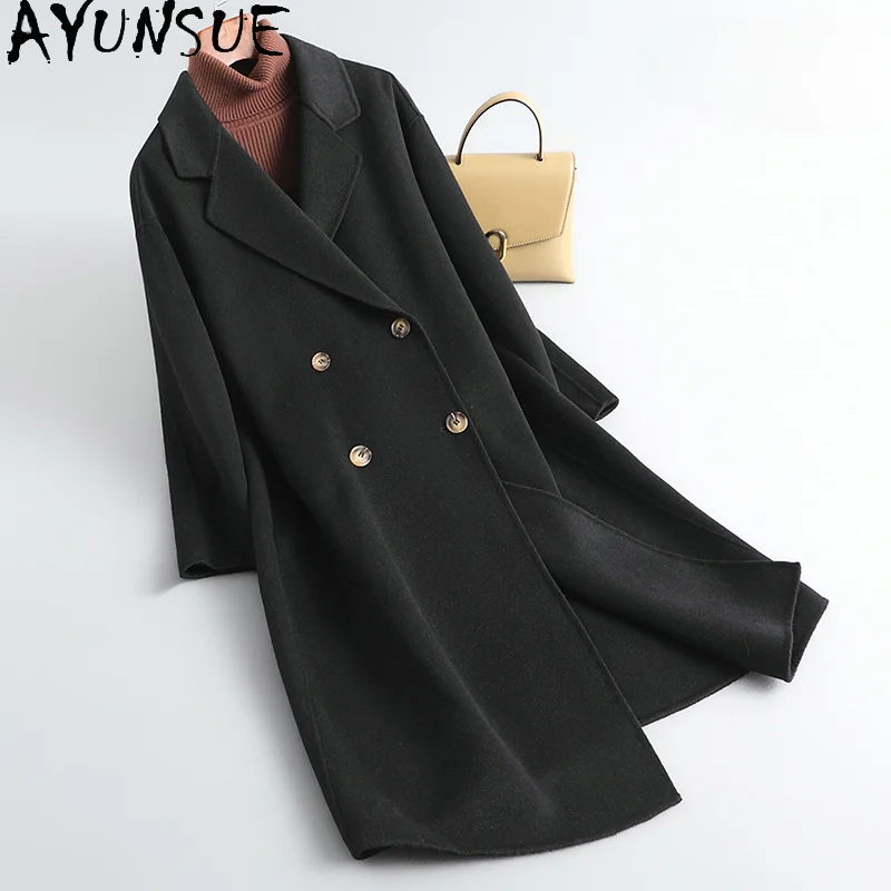 

AYUNSUE Elegant Wool Coats for Women 2023 Spring Autumn Mid-length Woolen Coat Women's Clothing Double-breasted abrigos mujer