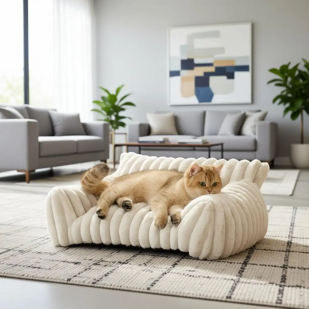 

Cute Cat Couch or Pets - Premium Soft Corduroy Cat Beds with Removable Washable Cover, Supportive Pet Sofa, 24inch, Cream