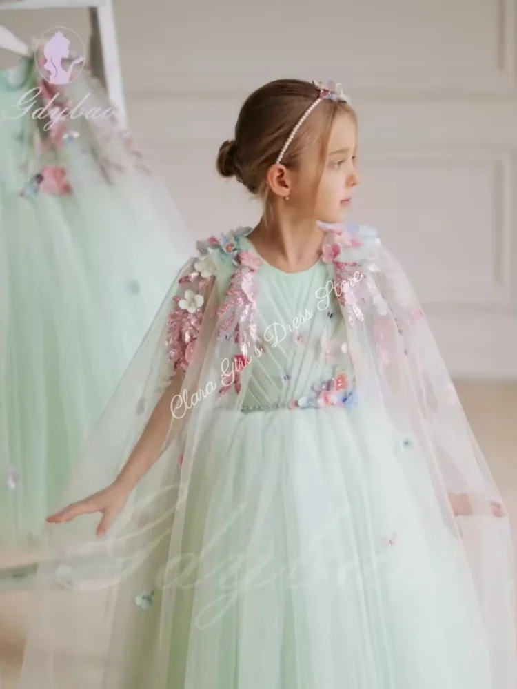 Light Blue Appliqué Flower Girl Dress with Puffy Tulle Skirt Luxurious Princess Style Children's Party and First Communion Ball
