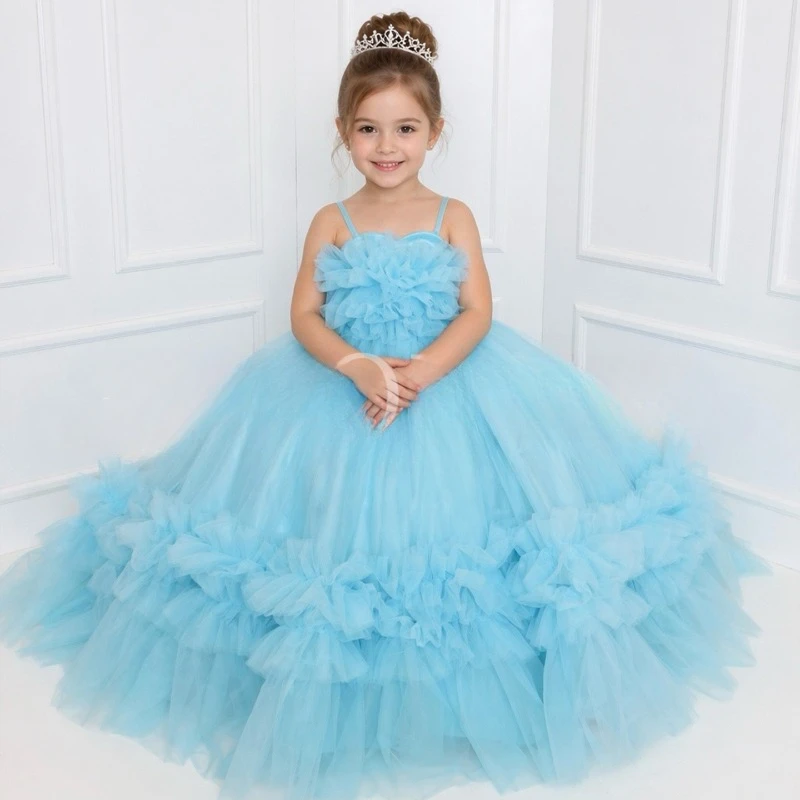 New Kids Formal Sleeveless Strapless Birthday Gown Blue Full Skirt Costume Wedding Dress Girls Fashion Elegant Piano Performance