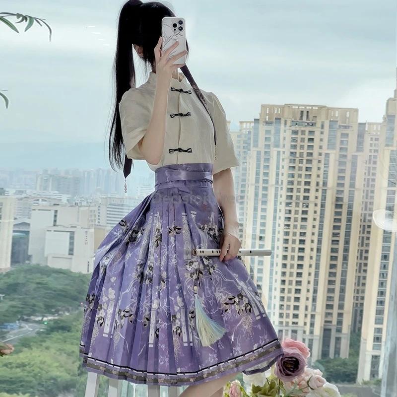 2026 summer girls daily campus hanfu set simple pure color disc buckle qipao hanfu top classical literature art horse face skirt