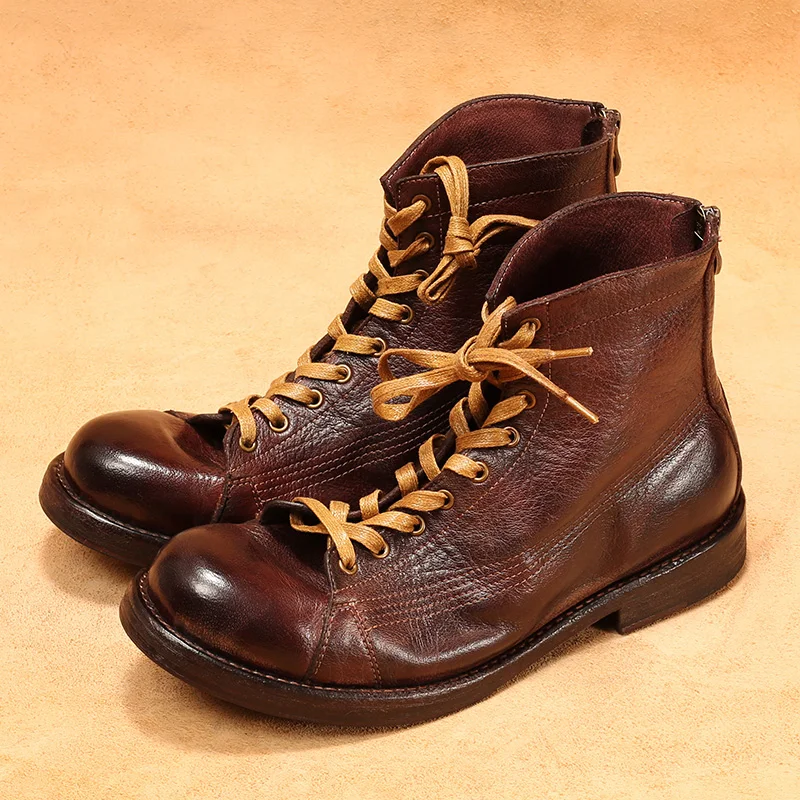 British Style Cowhide Work Boots Men's Shoes Genuine Leather High Top Round Toe Outdoor Riding Chelsea Motorcycle Boots Male