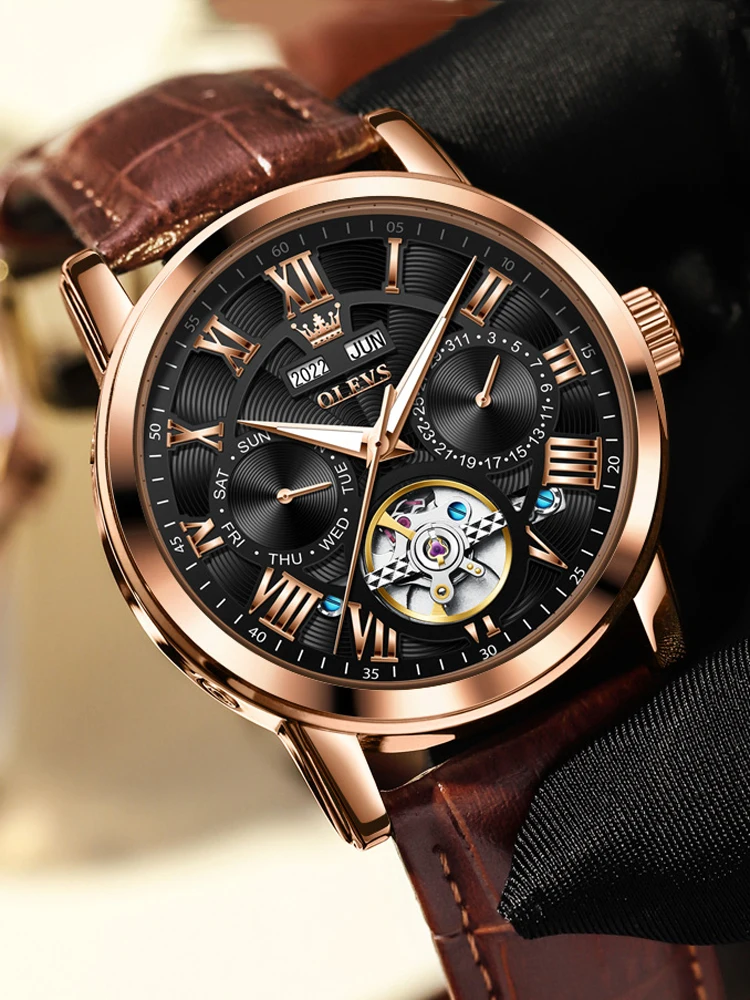 Original OLVES Men Mechanical Watches Business Leather Strap Man Automatic Wristwatch Luminous Perpetual Calendar Watch For Men