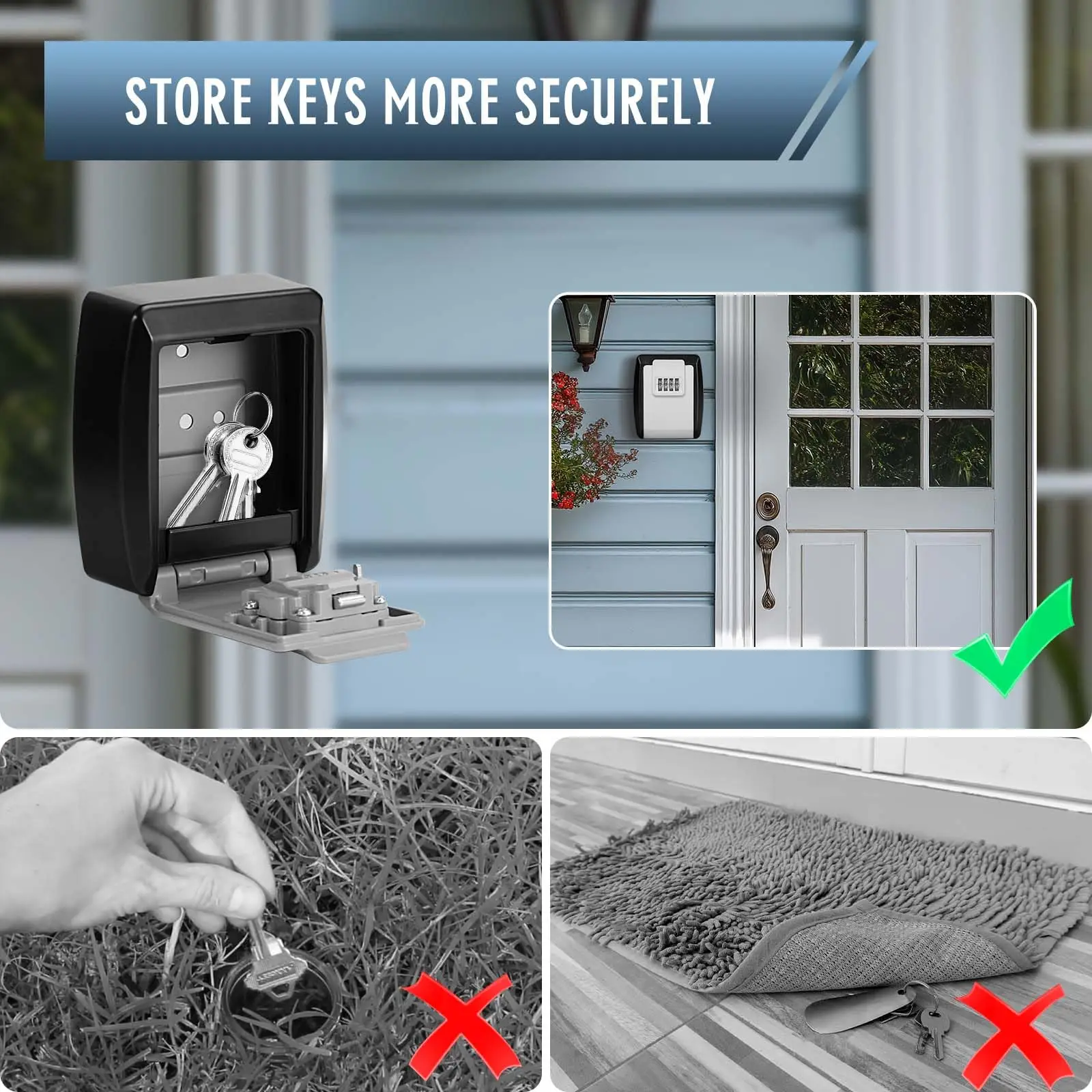 Alloy Security Key Box with 4 Digit Code Waterproof and Rust Proof Wall Box for Keys Cards Key Wall Mounted Capacity Key Safe