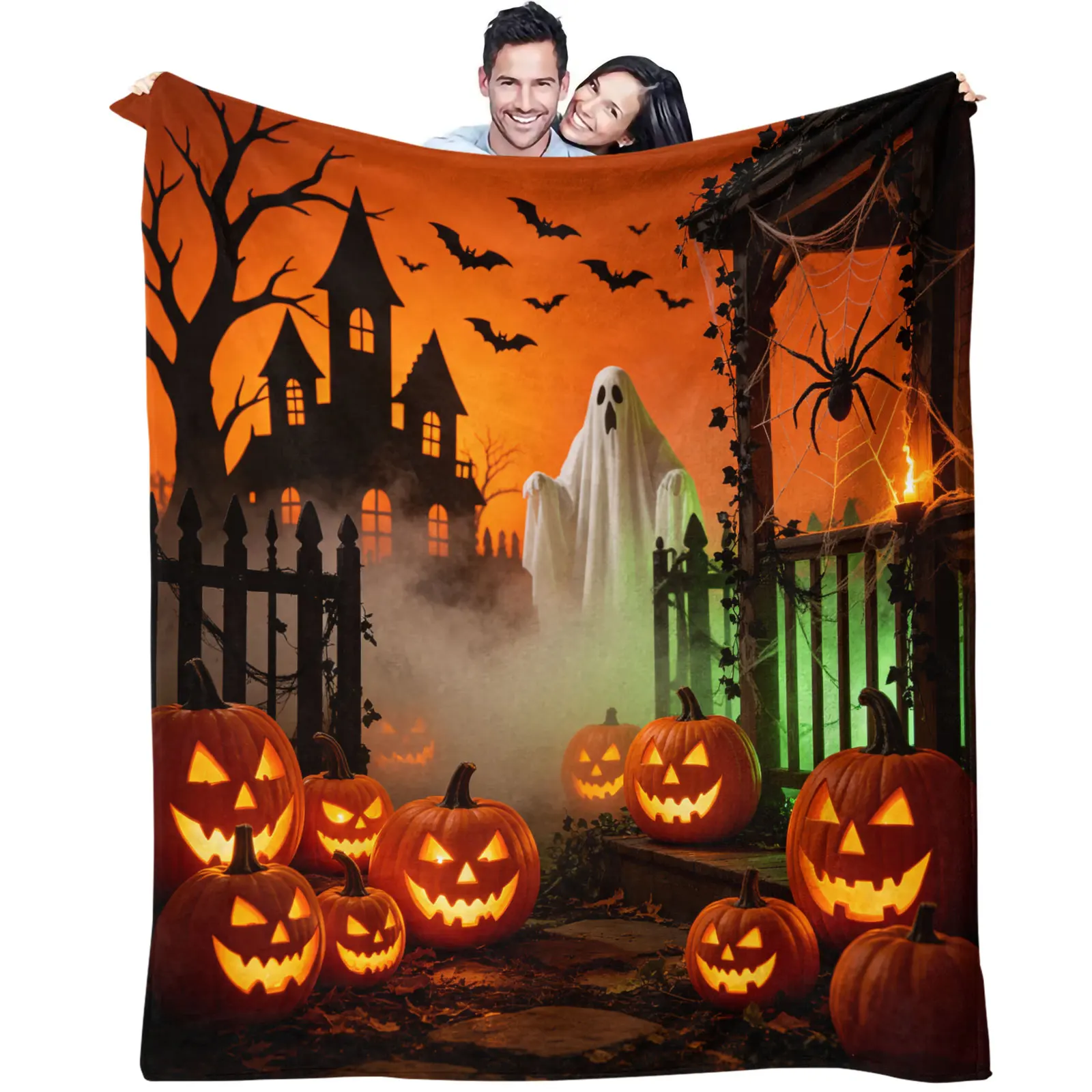 Halloween Flannel Throw Blanket Haunted House Ghost Jack‑O'‑Lantern Pumpkin Bat Spider Mist Scene Print Soft Warm Decor Blanket