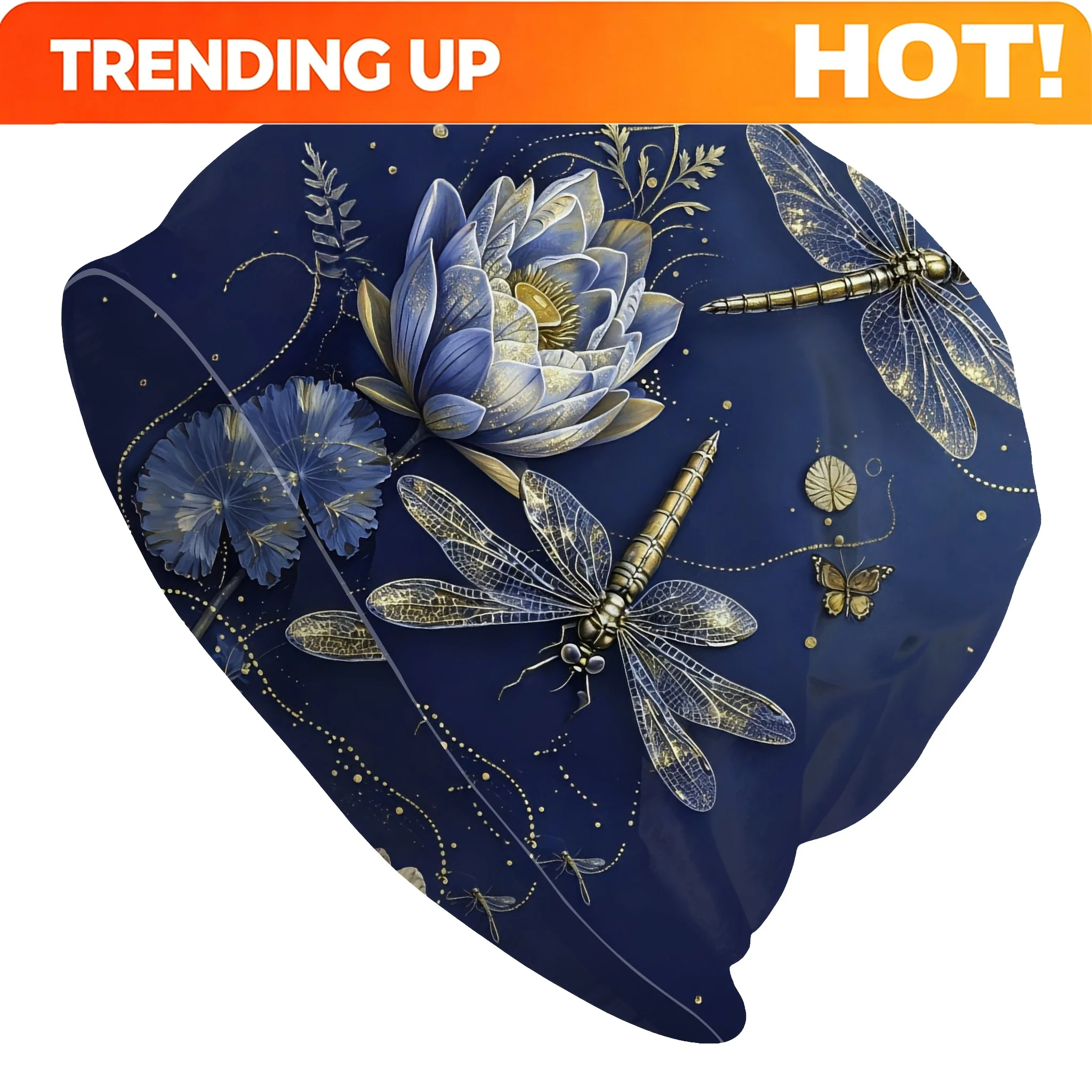 Customization Dark Navy Gilded Dragonfly Water Lily Butterfly Slouchy Beanie For Women, Soft Stretch Multifunctional Head Wrap N