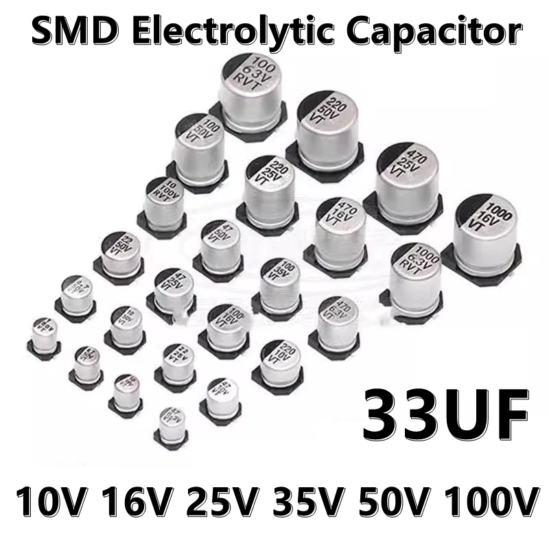 Condensador electrolítico SMD, 33UF, 10V, 16V, 25V, 35V, 50V, 100V, 4x5,4 MM, 5x5,4 MM, 6,3x5,4 MM, 6,3x7,7 MM, (20 piezas)