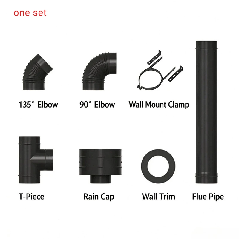 1set 150mm Fireplace Stove Chimney Pipe Kit Stainless Steel Includes 1M Straight Tubes, 90° & 135° Elbows, Rain Cap, T-Piece Etc