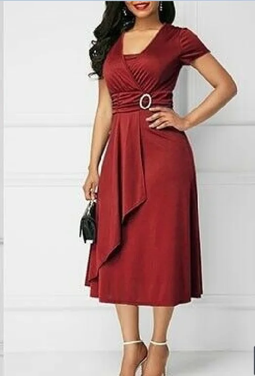 Women's Dress V Neck Solid Color Short Sleeve High Waist Asymmetric Skirt Evening Banquet Elegant Stretch Midi Dress for Female