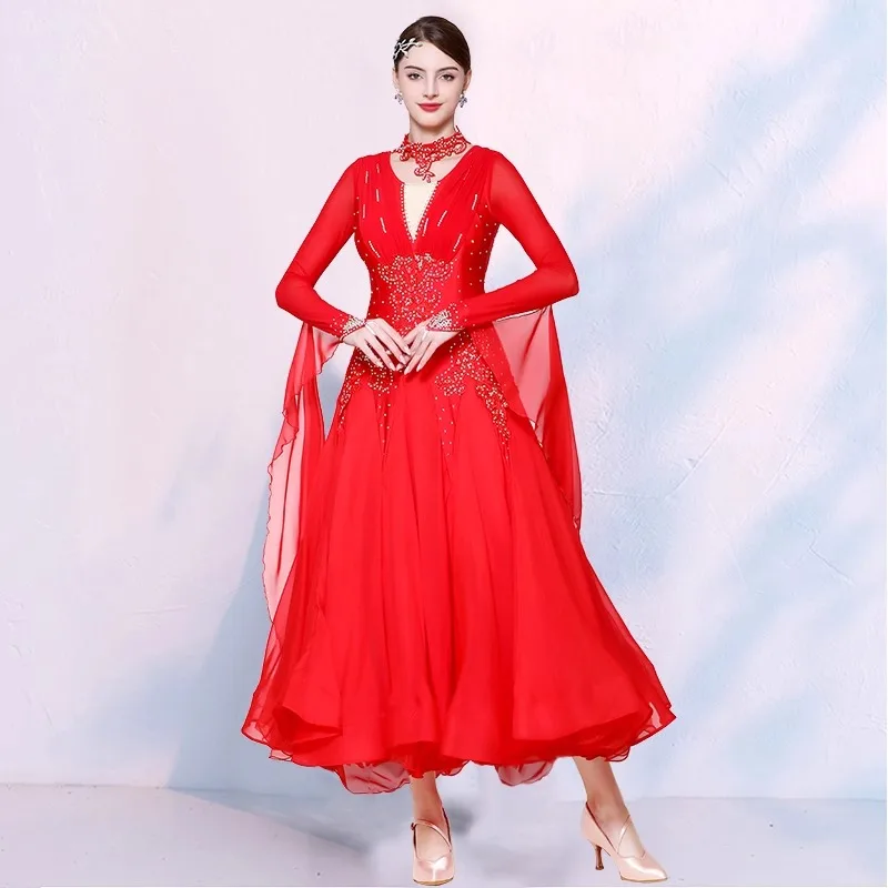 Abito da ballo da sala Concorso Prestazioni da donna Nuovo standard nazionale Valzer Amicizia Danza Abito altalena grande Maniche lunghe