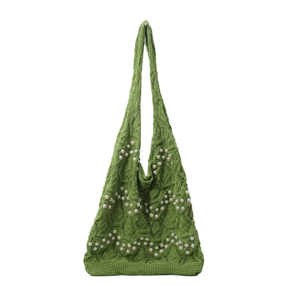 

Hollow Out Women Knitting Shoulder Bag Beaded Decoration Large Capacity Beach Tote Bag Portable Soft Shopping Handbags Summer