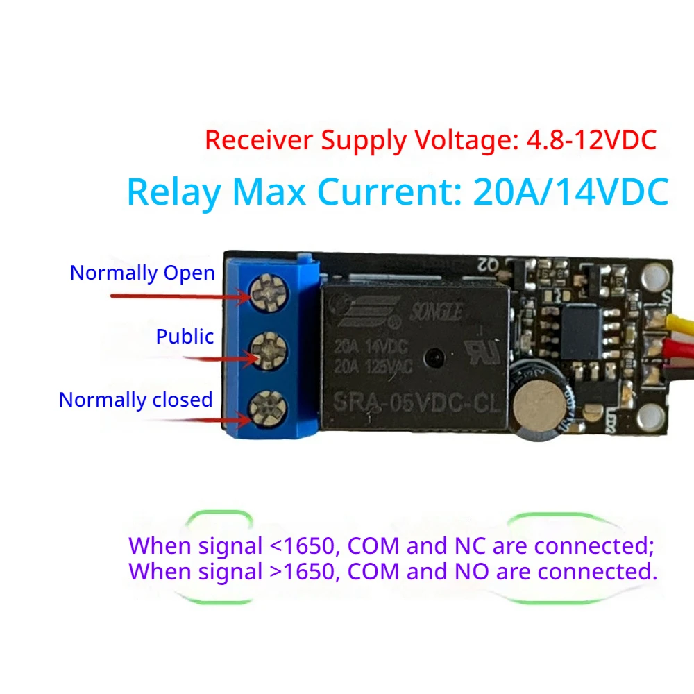 RC Model PWM Relay Switch Receiver Controlled Electronic Switch for Airplane Car Model 4.8-8.4VDC Max 20A 900-2100us PWM Signal