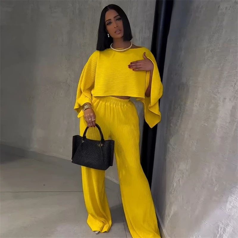 

Doyerl Solid Ribbed 2 Pieces Set for Woman Outfit Loungewear Casual Loose Fit Flare Sleeve Top and Wide Leg Pants Matching Sets