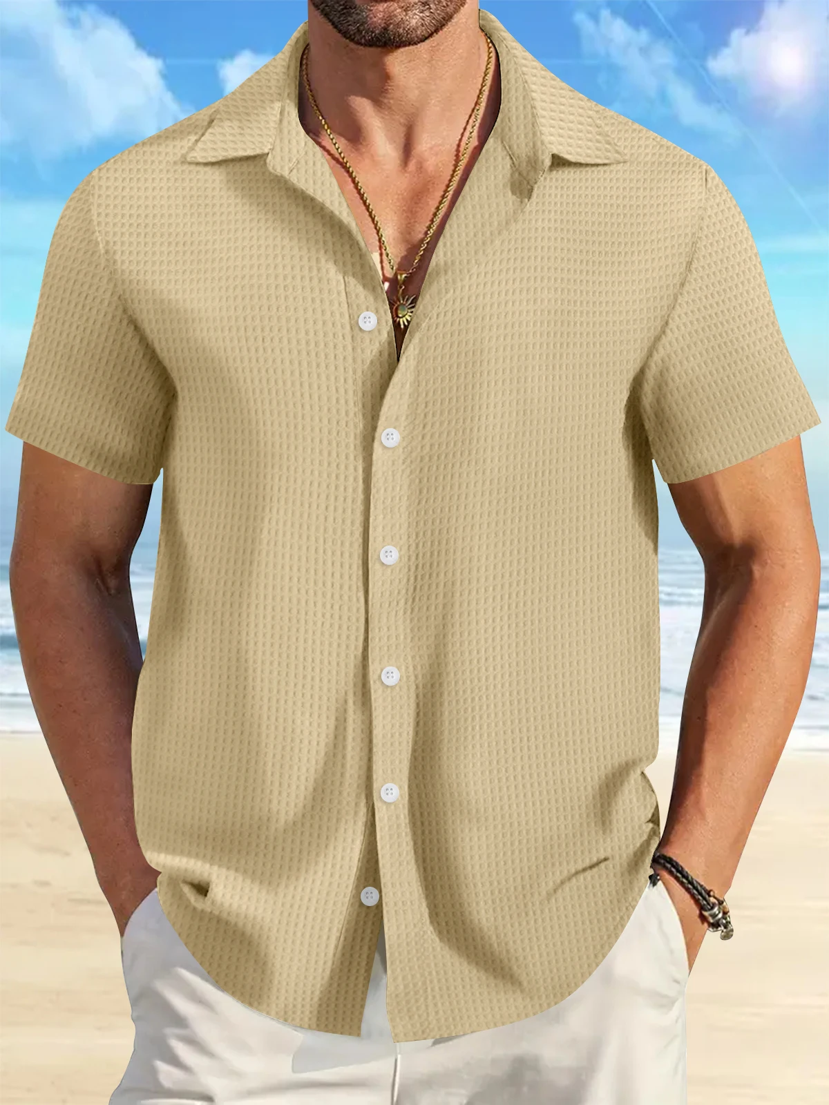 2024 New men\'s solid color casual commuting short sleeved shirt Men\'s beach jacquard plaid short-sleeved shirt