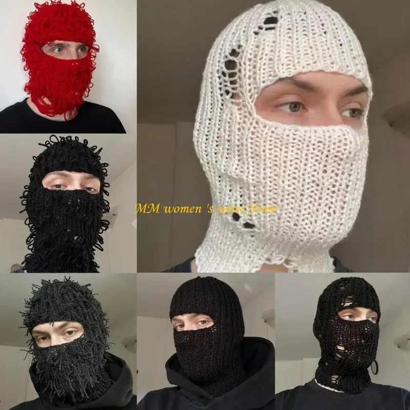 Q39C Terrifying Knitted Winter Balaclava Bucket Hat Full-Head Halloween Costume