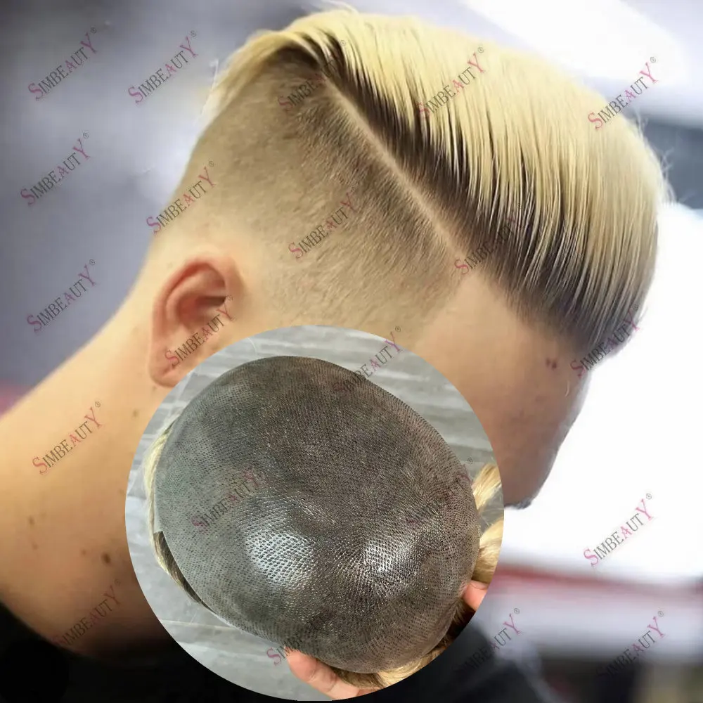 # 4T # 613 blond 0,08 MM cienka skóra PU baza męska proteza włosów trwała męska proteza kapilarna tupecik dla mężczyzn 100% ludzki włos