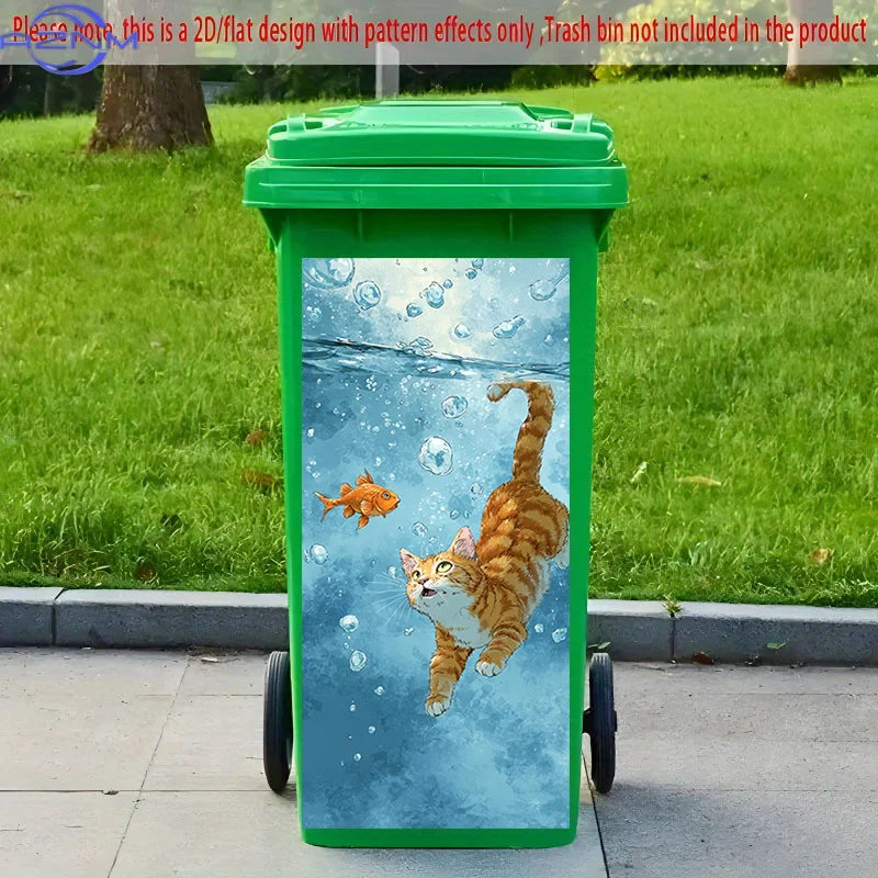 [2D Flat Printing] 1pc 2D Pattern Printed Kitchen Trash Can Sticker, X Cm Cat And Fish Swimming in Water Theme Kitchen Home De