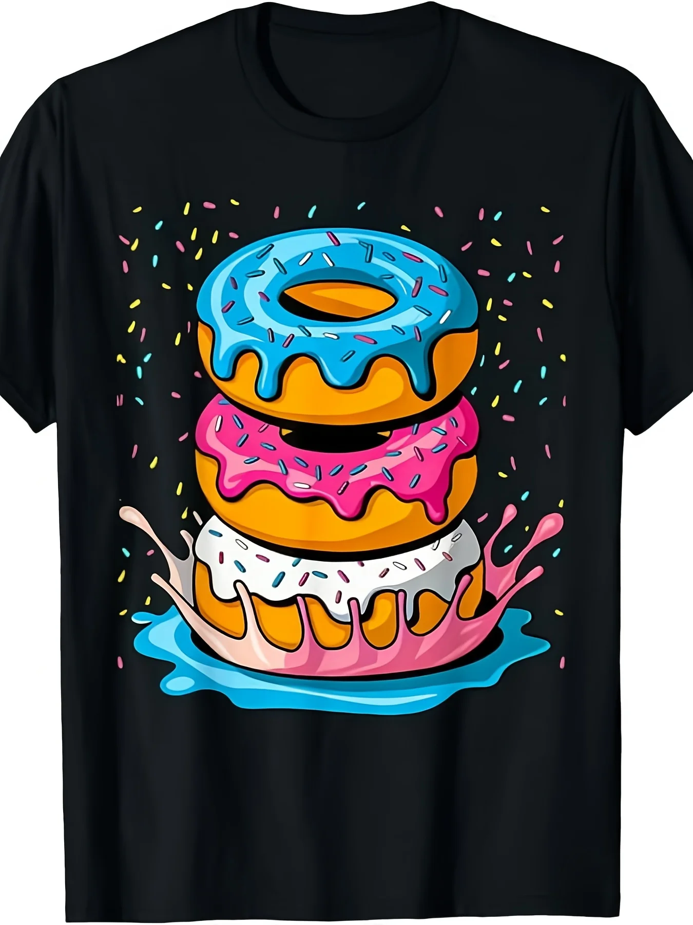 Stacked Donuts Graphic Tee Men Women Cartoon Sprinkles Icing Splash T-Shirt Soft Cotton Daily Wear