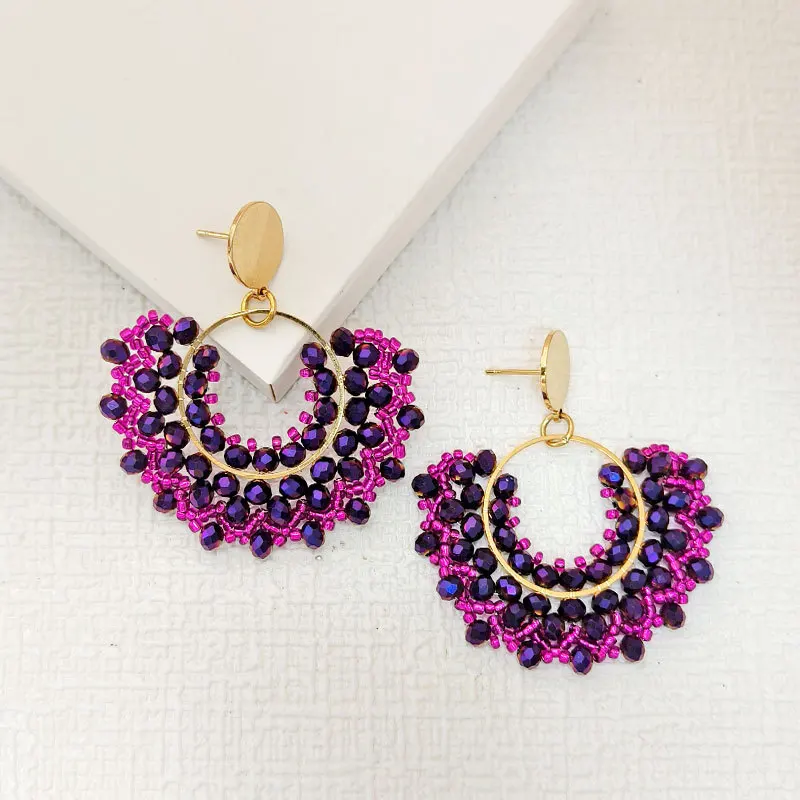 ZGMXR Bohemia Sector Crystal Rice Bead Earrings for Women Simple Hand Textile Fashion Creative Circle Alloy Beaded Jewelry