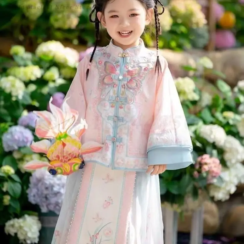 Girls Hanfu Set Pink Printed Vintage Button Coat Horse Face Skirt Chinese Style Ancient Clothing Traditional Oriental Tang Suit