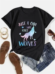 2024 New Just A Girl Who Loves Wolves Letter Wolf Print T-shirt Casual Comfort Round Neck Women's T-shirt Summer