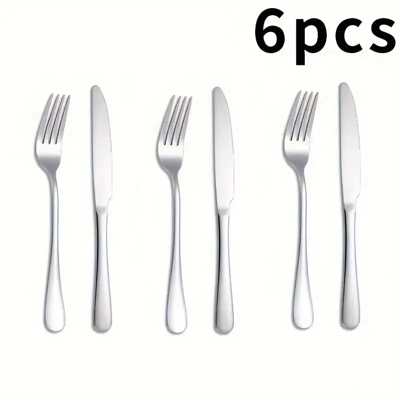 

12-piece stainless steel cutlery set, 6 knives and 6 forks, machine washable, suitable for home, restaurant and hotel use