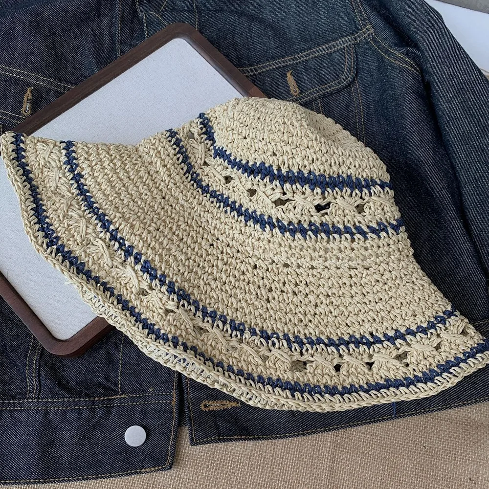 

Korean Handmade Straw Bucket Cap Summer Vacation Weave Crochet Hat Beach Hollow Fisherman Caps Female