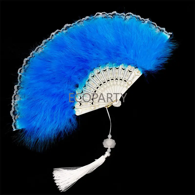 Lolita Feather Folding Fan Girl 1920s Flapper Dance Dark Gothic Court Dance Hand Fan with Pendant Gift Wedding Party Decoration