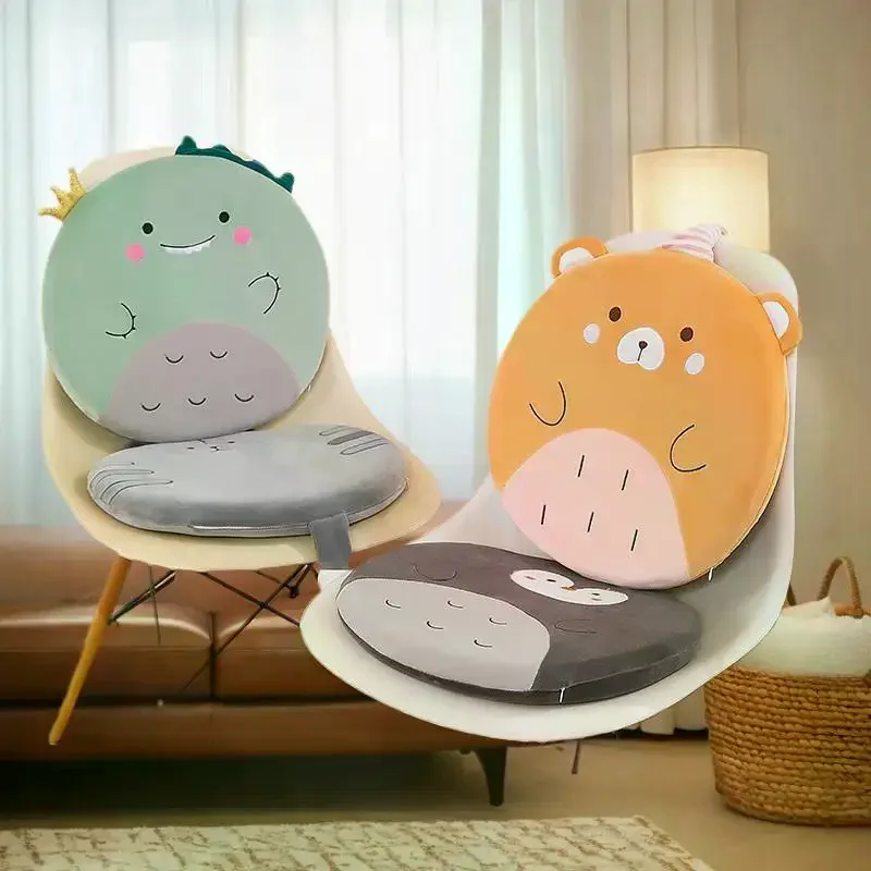 1 Buah Bantal Kursi Kantor Busa Memori Pegas Motif Kartun, Dapat Dilepas dan Dicuci, Bantal Duduk Bulat Beludru Elastis Motif Hewan